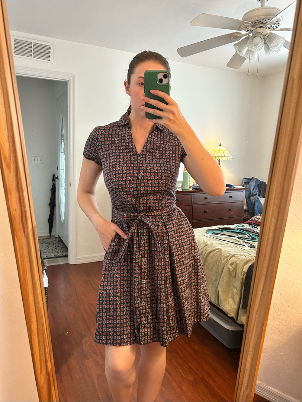 Vintage Brooks Brothers Navy Multi Short-Sleeve Tie-Waist Fit-and-Flare Dress